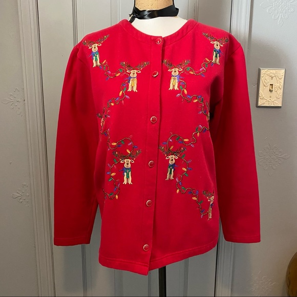 Karen Scott Vntg Christmas Sports Top Cardigan M Red Embroidered Reindeer - Picture 2 of 14